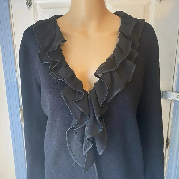 Y2K Jones New York Women's M Black Open Front Cardigan Satin Trim Ruffle Goth - Picture 7 of 11